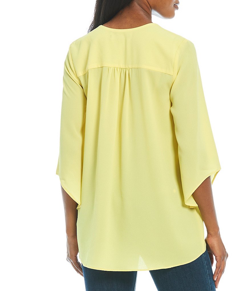 Calessa Petite Size V-Neck Crossover Hem Flute Sleeve Tunic