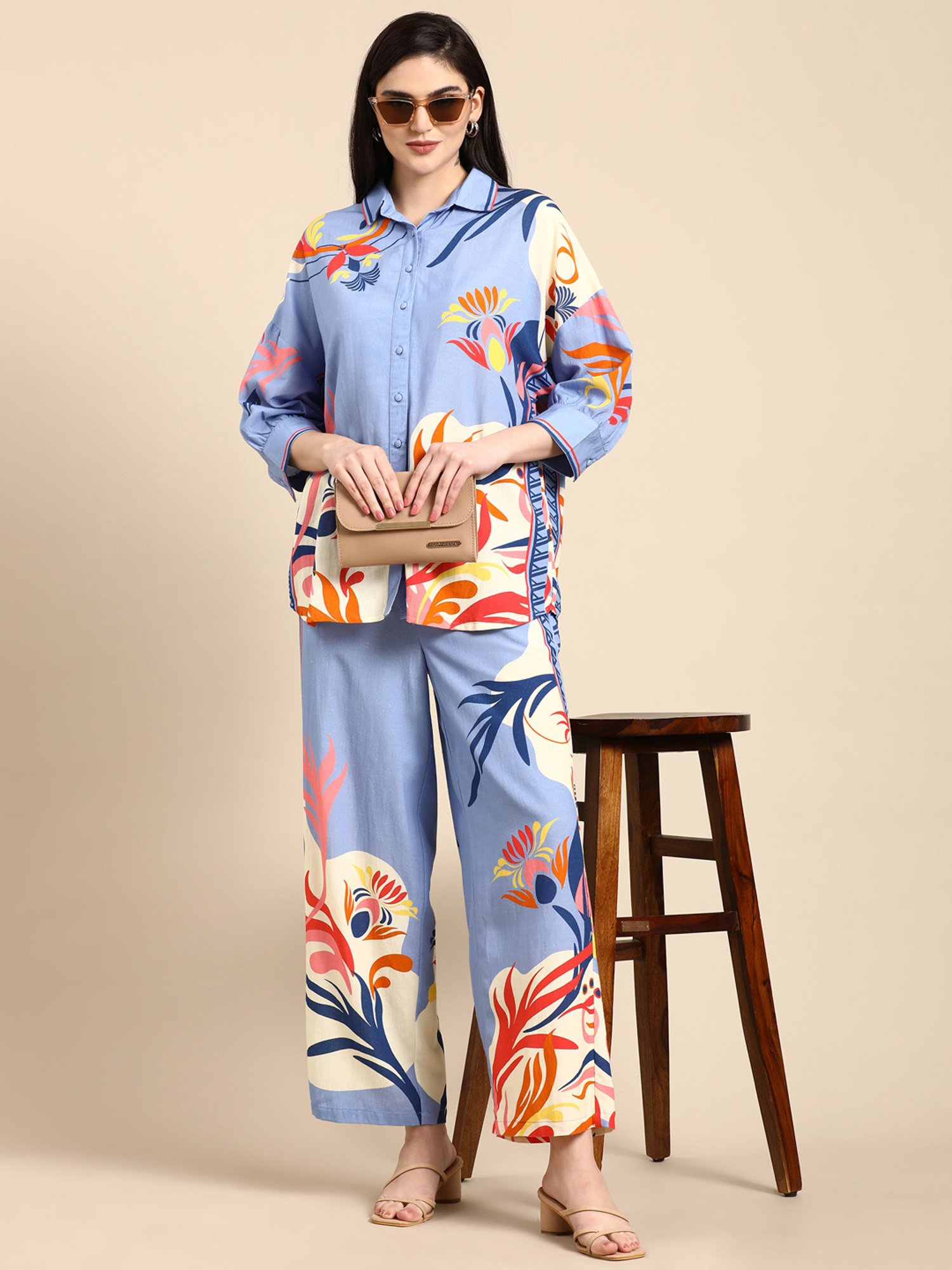 Zolo Label Blue Floral Print Shirt Pant Set