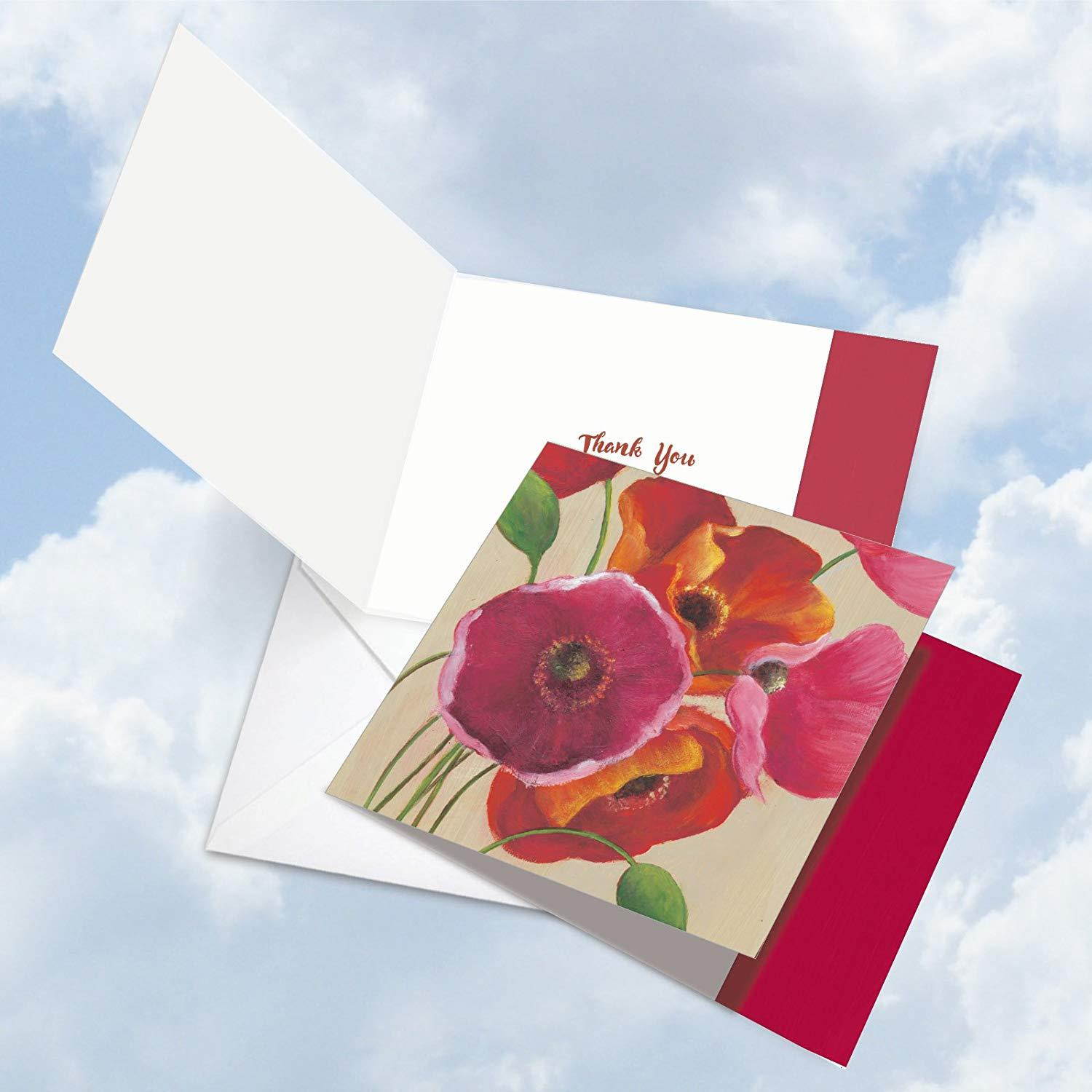 MQ4548TYG-B3x4 Painted Poppies: 12 Assorted 'Square-Top' Thank You Note Cards Featuring Bold and Vibrant Images of Colorful Poppy Flowers with Envelopes.