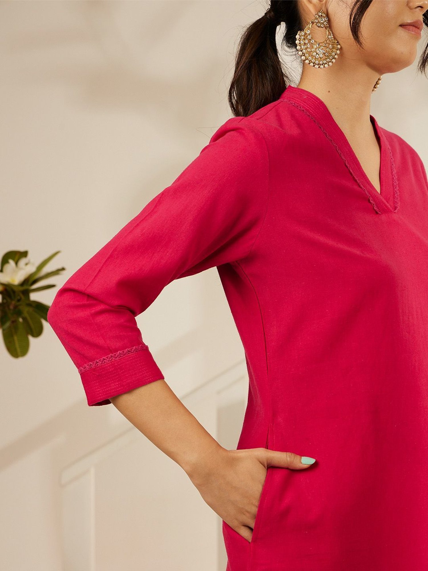 Daali Fuchsia Cotton Flax V Neck 3/4 Sleeves Smart Formals Kurta with Two Pockets