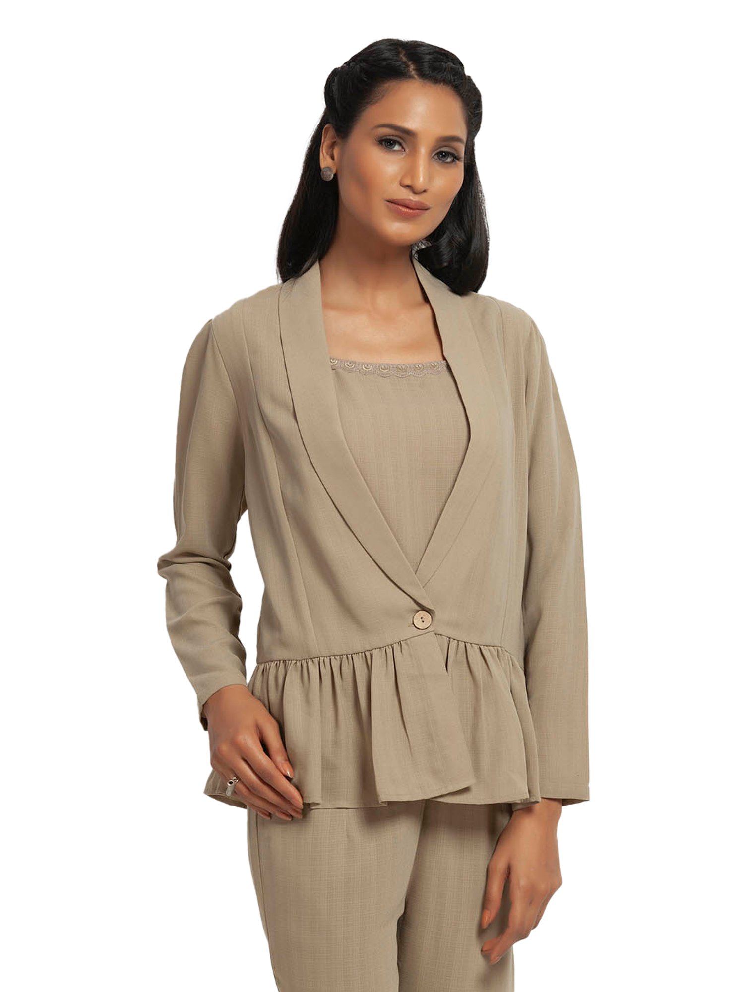 Office & You Beige Full Sleeves Jacket With Gathers