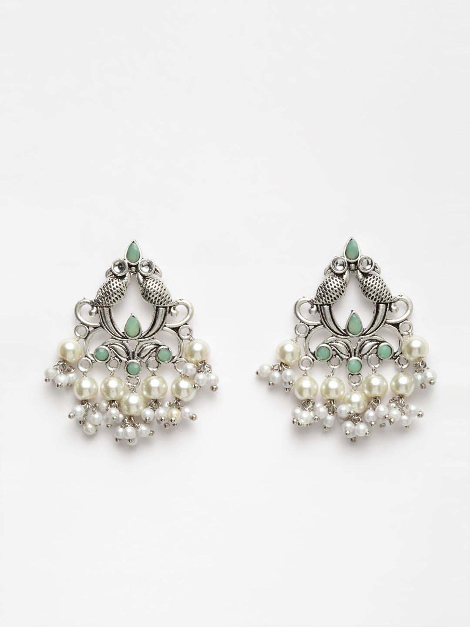 Panash Oxidized Silver-Plated Stone Studded Peacock Shaped Stud Earrings