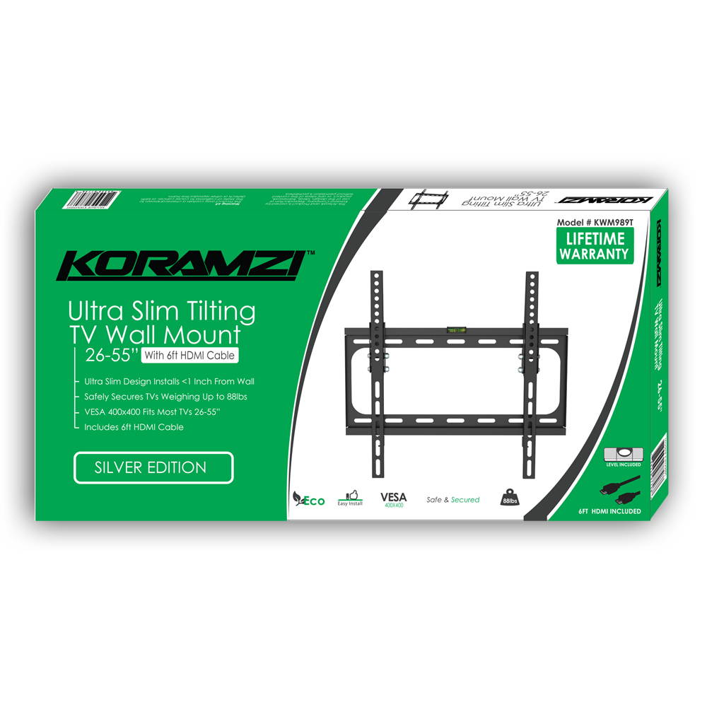 Tilt TV Wall Mount Bracket Fits 26-55" TV's 400x400 VESA Low Profile Ultra Slim including Bubble Level & 6ft. HDMI Cable &-(Black)- KORAMZI KWM989T