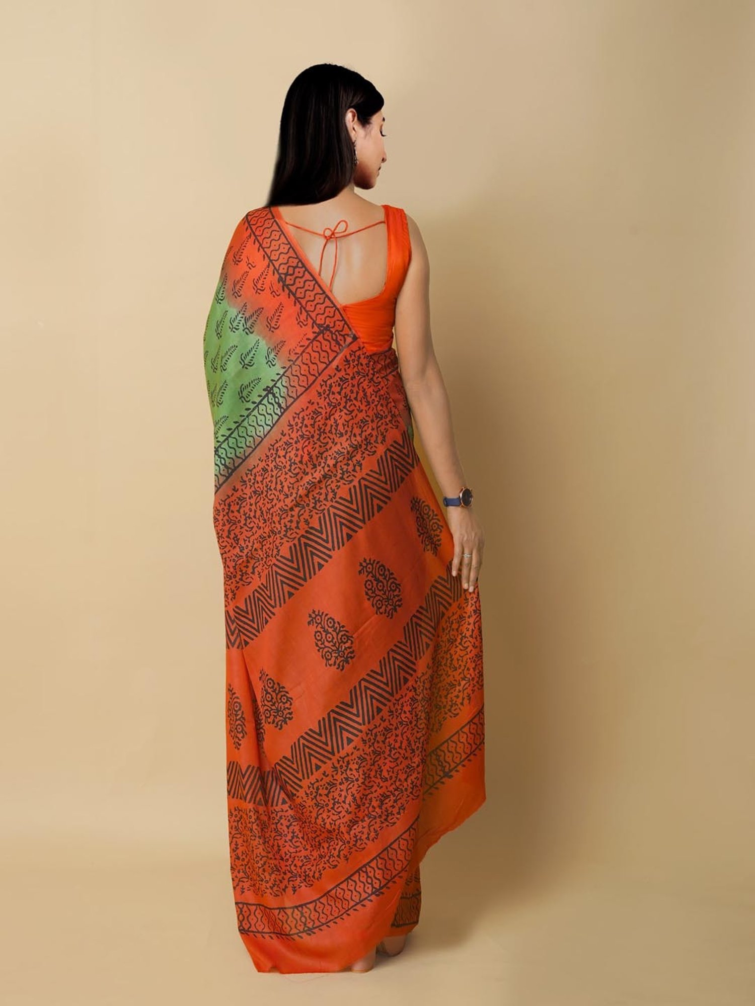 Unnati Silks Green & Orange Cotton Printed Saree With Unstitched Blouse