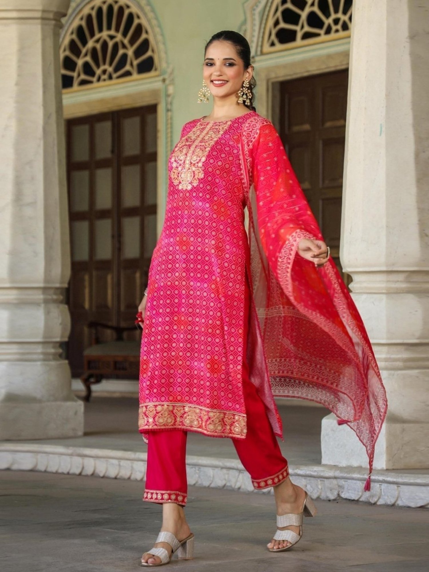 Scakhi Pink German Rayon Bandhani Print Kurta with Palazzo and Dupatta With Potli