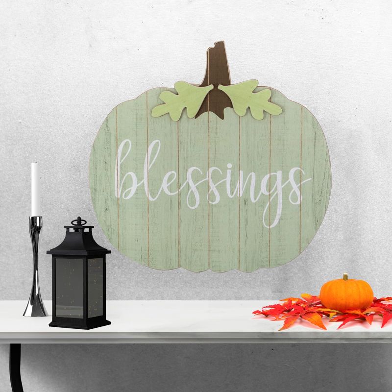 Northlight 20" Green and Brown Blessings Pumpkin Wooden Thanksgiving Hanging Wall Sign