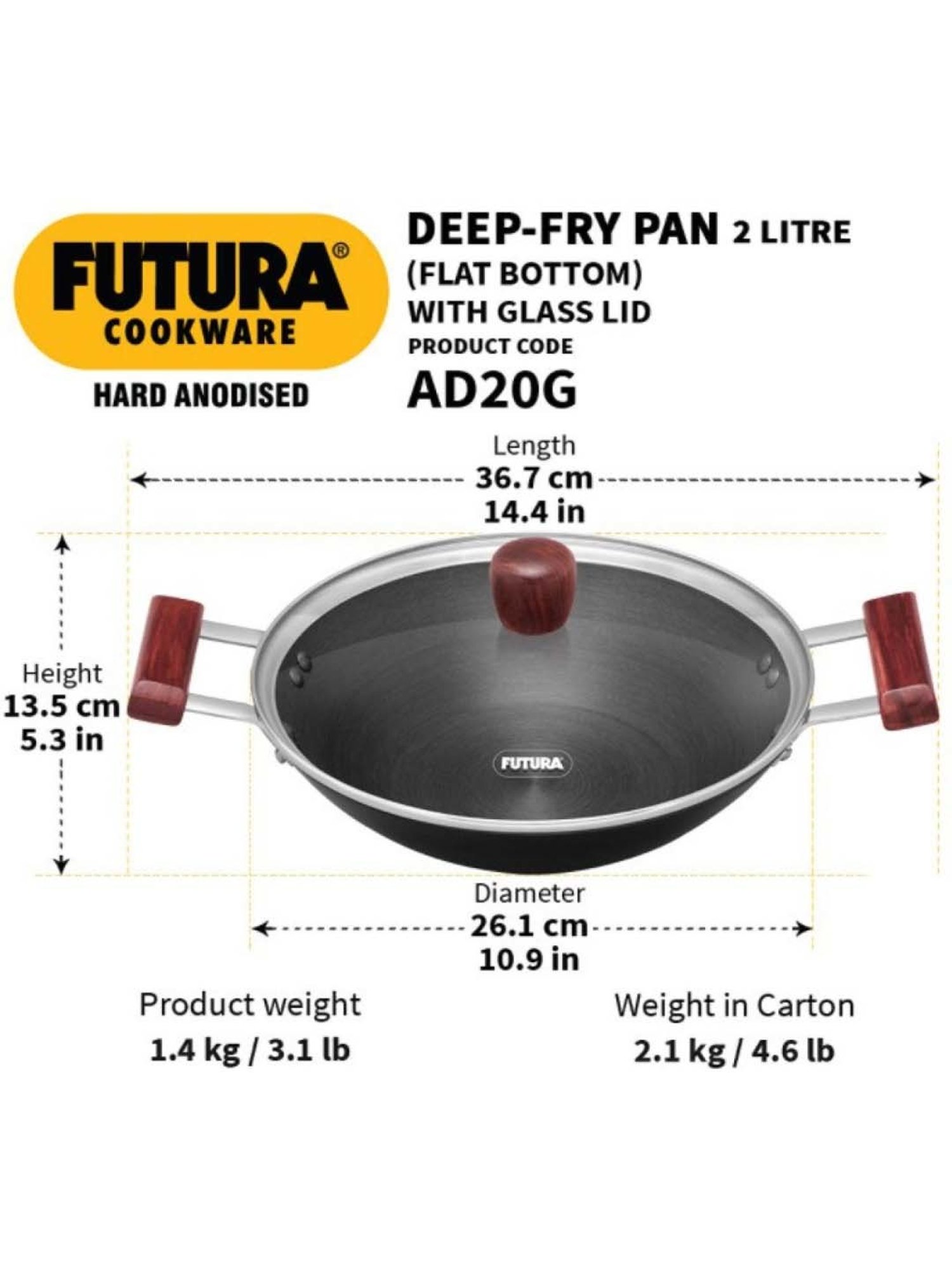 Hawkins Black & Transparent Hard Anodised 26.1 cm Non-Stick Kadai With Glass Lid (2 L) - Set of 1