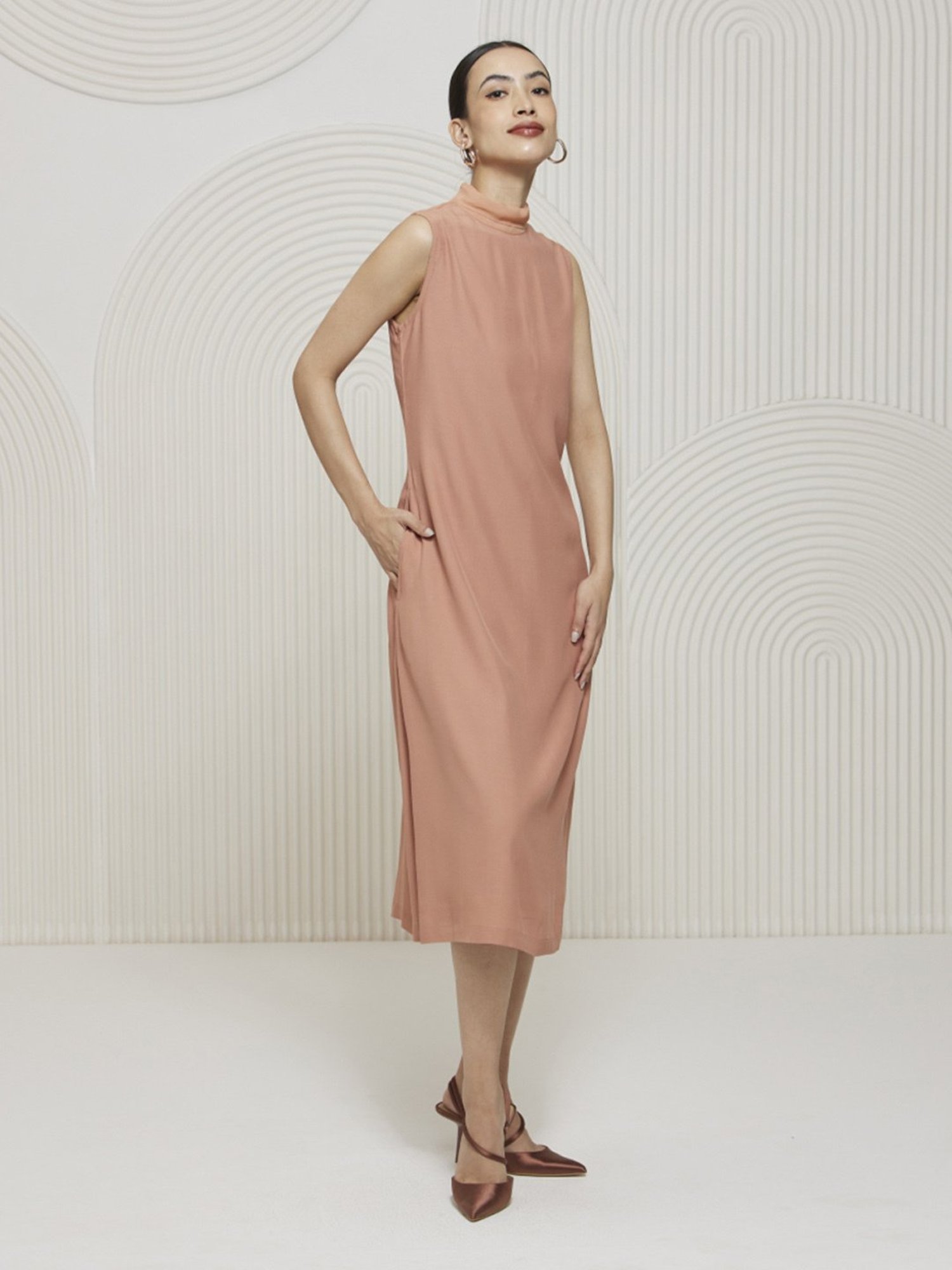 Artagai Salmon Pink Elevated Basics Mock Neck Midi Dress