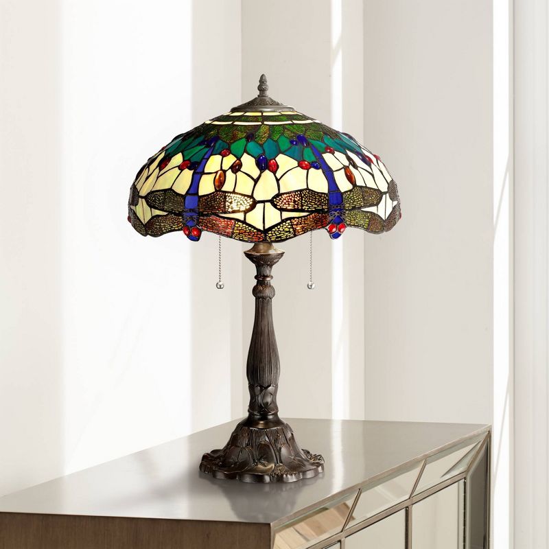 Robert Louis Tiffany Traditional Table Lamp Bronze Tree Motif Dragonfly Art Glass Shade for Living Room Family Bedroom Bedside