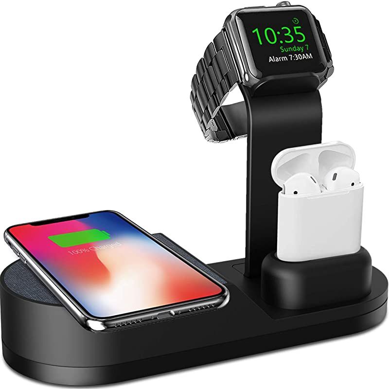 Wireless Charger iWatch Stand Compatible with iWatch Series SE 6 5 4 3 2 1, AirPods Pro Airpods and iPhone Series 12 SE 11 11 pro 11 Pro Max Xs X Max XR X 8 8P(No Adapter) Black