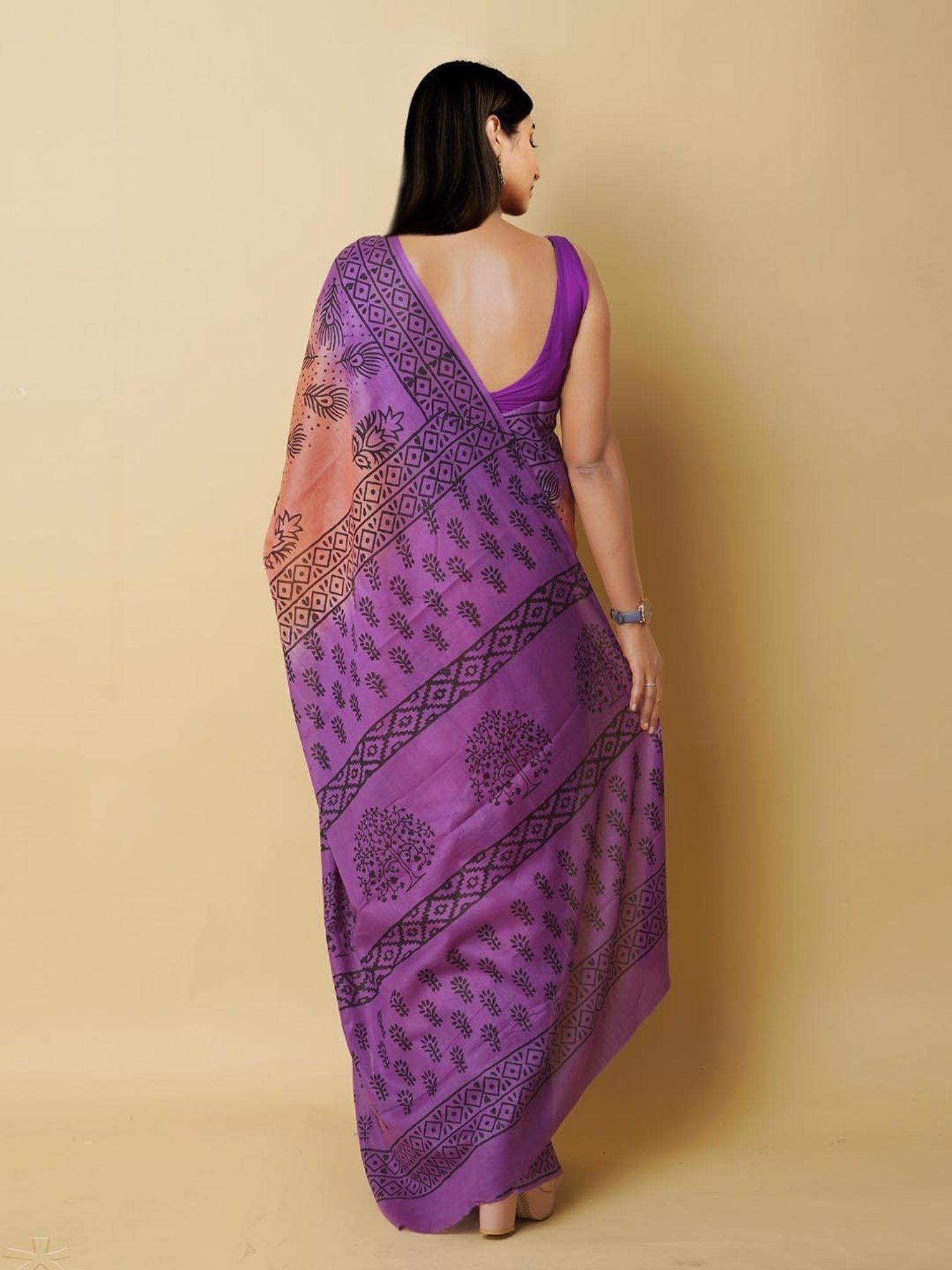 Unnati Silks Peach & Purple Cotton Printed Saree With Unstitched Blouse