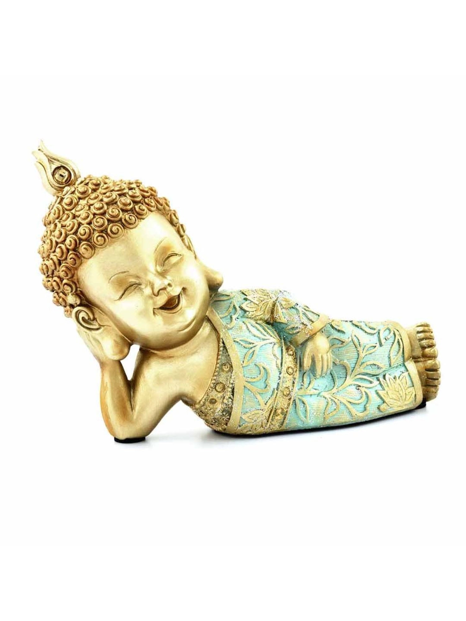 @home Nilkamal Mint & Gold Polyresin Baby Monk Lying Decorative Showpiece