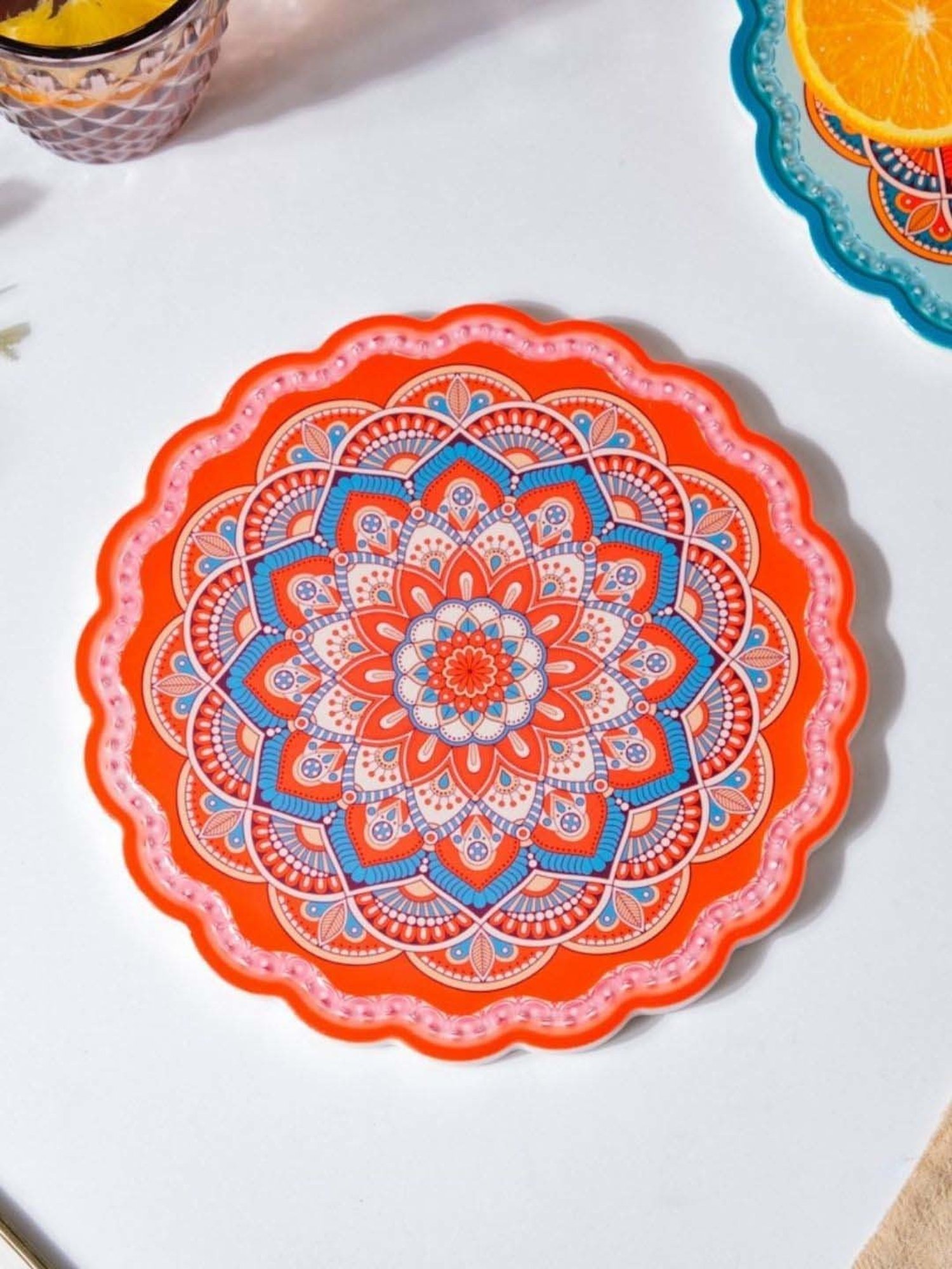 Nestasia Orange & Blue Round-Shaped Floral Mandala Patterned Ceramic Tray for Serving, 8-inch