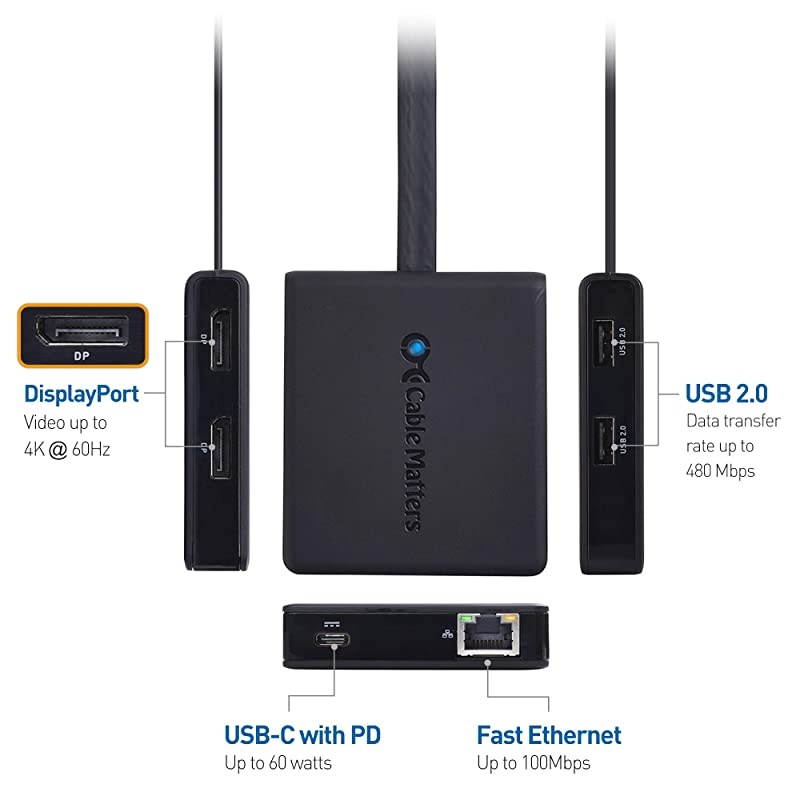 Dual Monitor USB C Hub (USB C Dock) with Dual 4K DisplayPort, 2X USB 2.0, Ethernet, and 60W Charging - Thunderbolt 3 Port Compatible for Windows and Linux