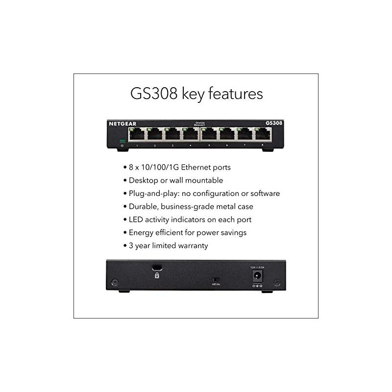 8Port Gigabit Ethernet Unmanaged Switch GS308 Home Network Hub Office Ethernet Splitter PlugandPlay Fanless Metal Housing Desktop or Wall Mount