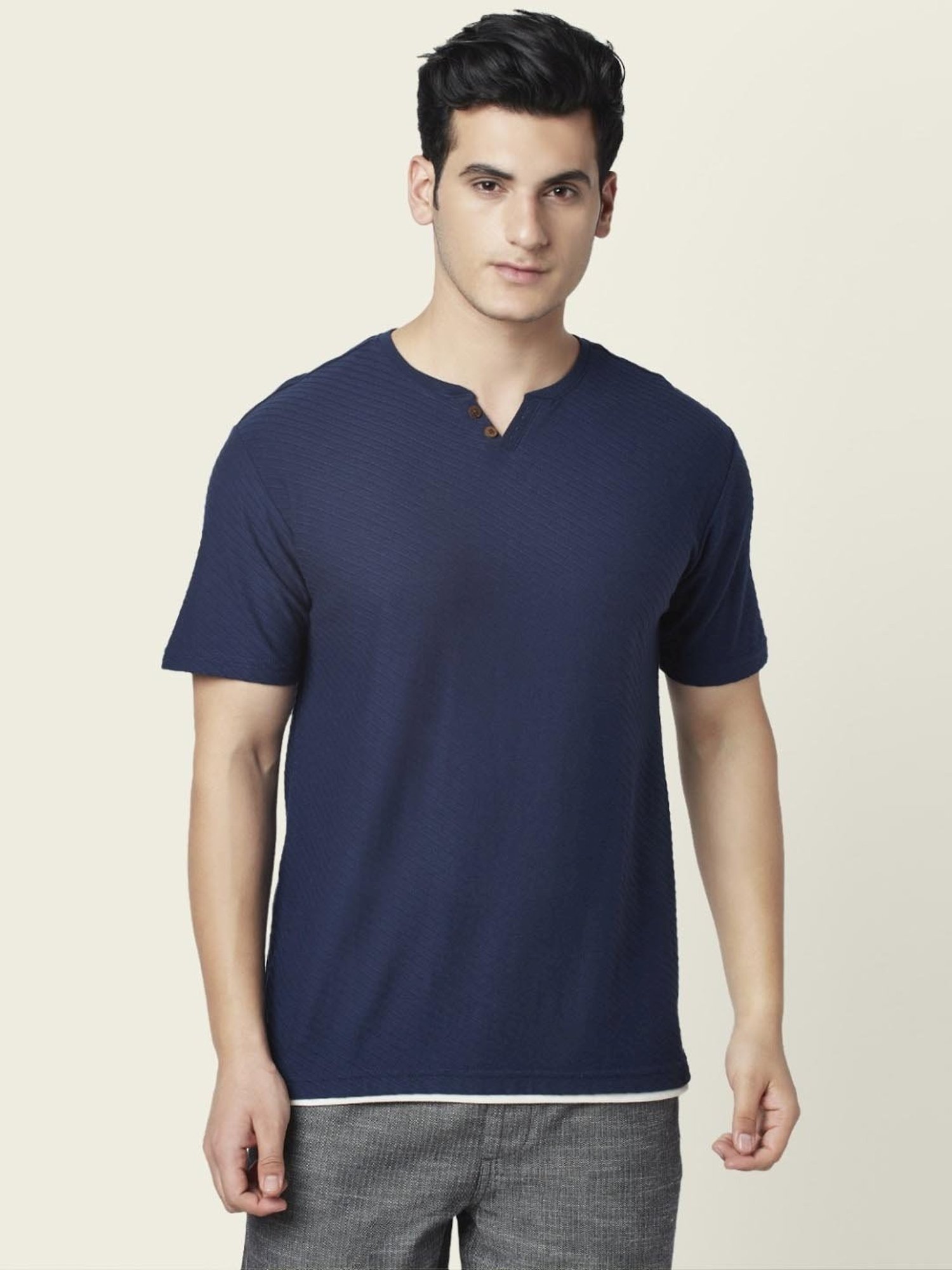 7 Alt by Pantaloons Dark Navy Relaxed Fit Self Pattern T-Shirt