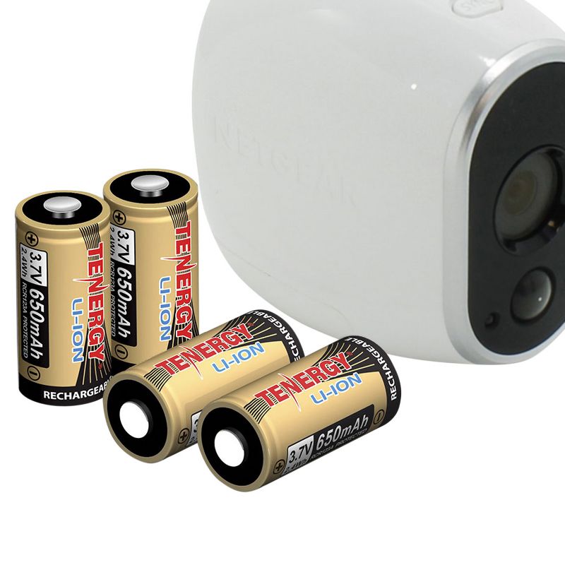 Tenergy Battery 4pk Li-ion rechargeable batteries 3.7V 650mAh RCR123A Works with Arlo HD Security Cameras (VMC3030)