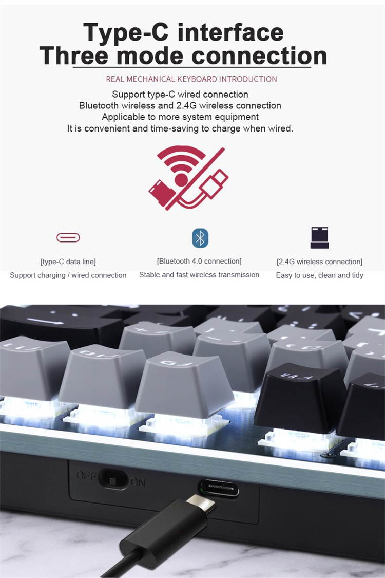 Bluetooth Mechanical Gaming Keyboard with LED Backlit 87 Anti-Ghosting Key Wired/Wireless USB Receiver Rechargeable Keyboard for PC Mac Gamer