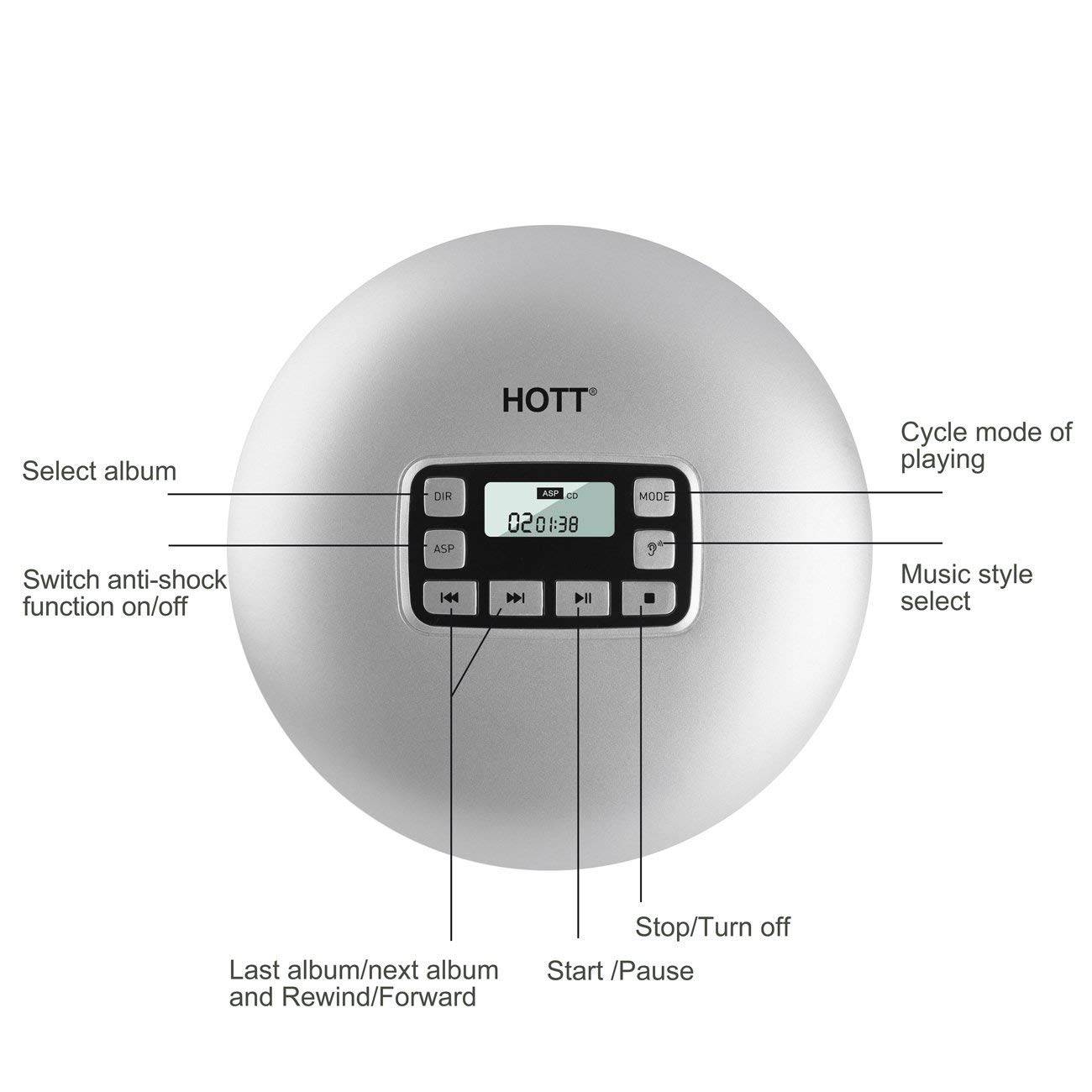Portable CD Player HOTT Walkman CD Player LCD Display Anti-Skip Protection Shockproof Function Only Support 5 Formats CD CD-R CD-RW MP3 CD-DA WMA Audio Files Silver