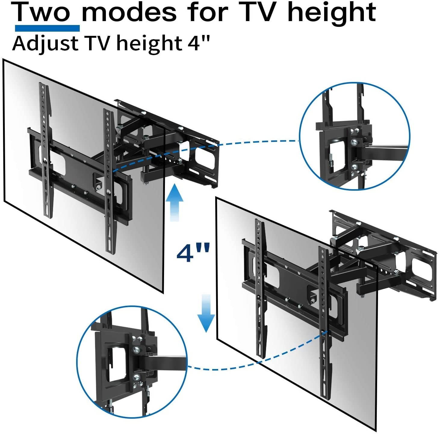 Full Motion TV Wall Mount with Height Setting,  TV Bracket Fits Most 27-65 Inch LED Flat&Curved TVs,Articulating Swivel Tilt Dual Arms Extension Max VESA 400x400mm and Holds up to 121 LBS