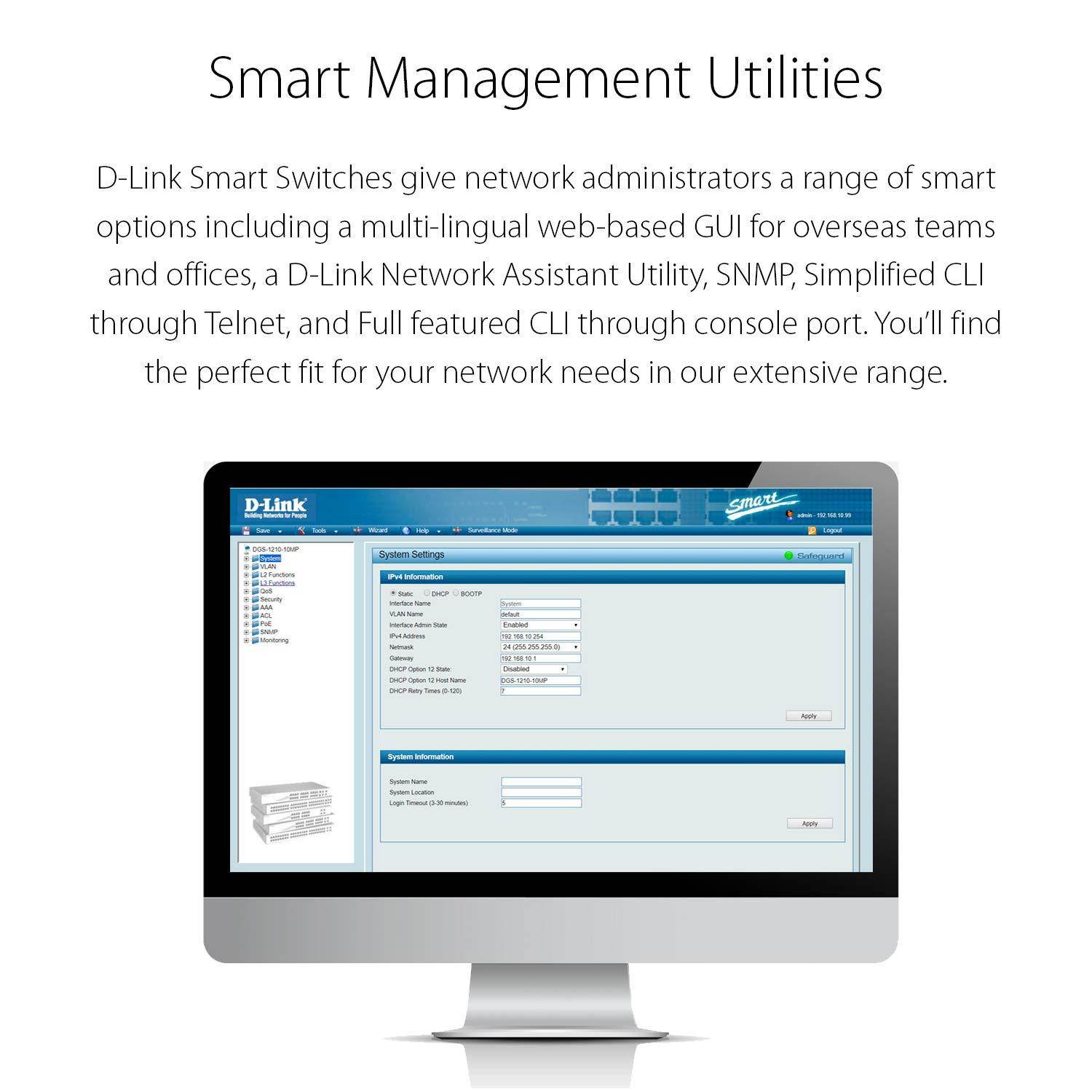 D-Link PoE Switch, 8 Port Smart Managed Gigabit Ethernet Layer 2 VLAN Control (DGS-1100-08P)