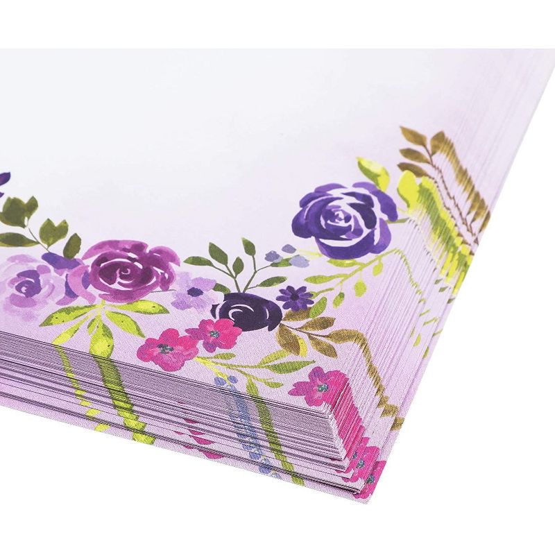 48 Pack Purple Watercolor Floral Stationery Paper and Envelopes Set, 8.5" x 11"