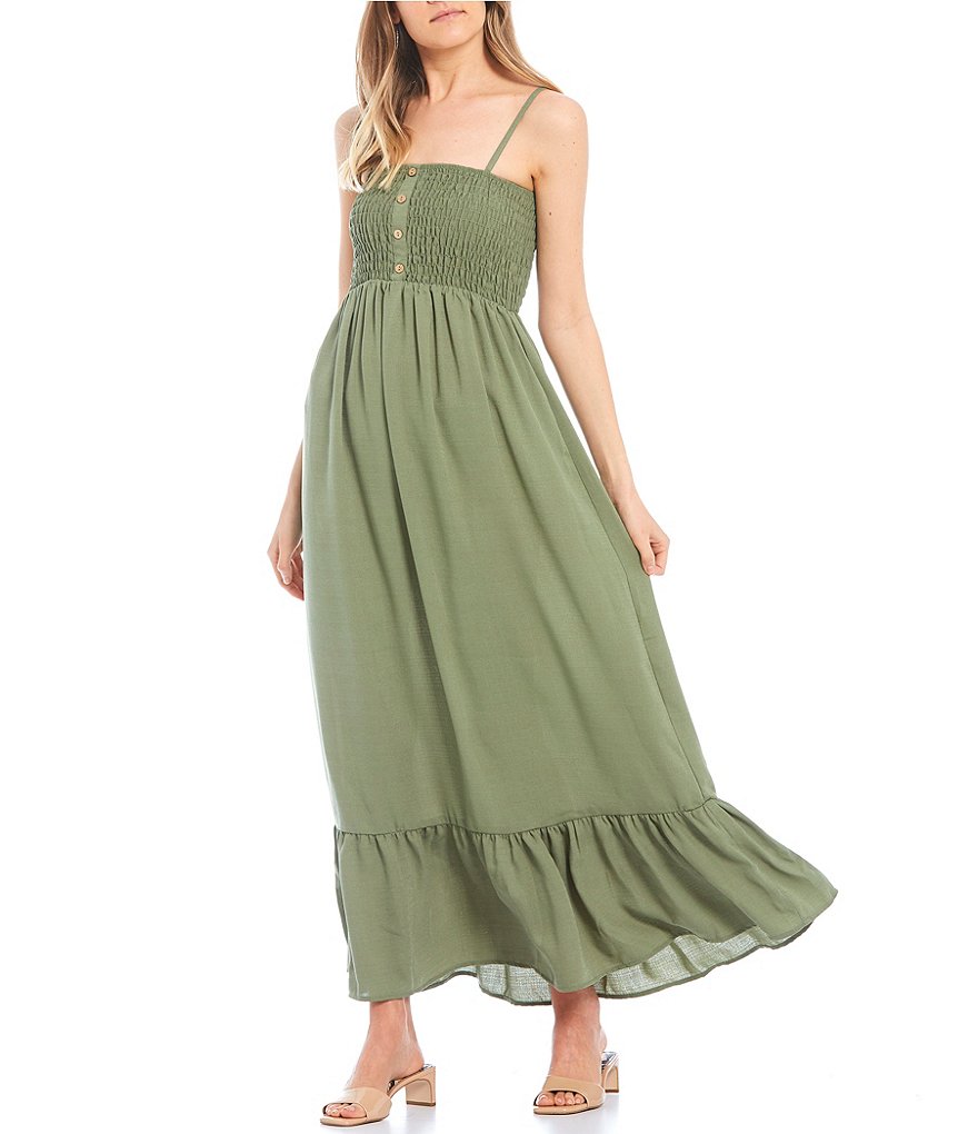 Evolutionary Spaghetti Strap Smocked Bodice Maxi Dress
