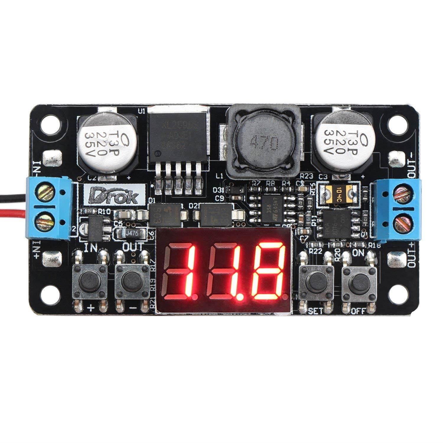 24V to 12V 5V DC Converter, DROK LM2596 Buck Power Converter 5-32V to 0-30V Step Down Adjustable Output Voltage Regulator Board Power Supply Module with LED Display Voltmeter Screw & Heatsink