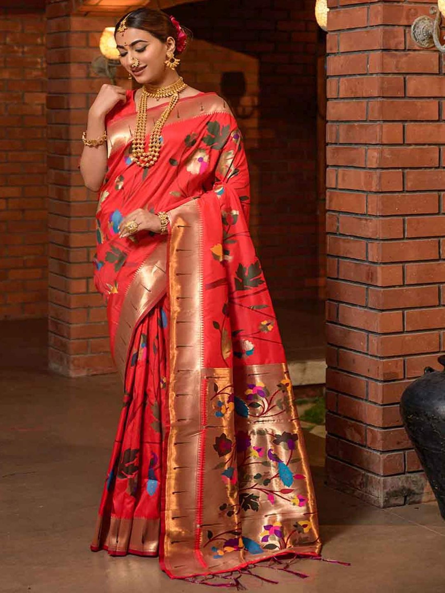 SHUBHKALA Red Silk Woven Saree With Unstitched Blouse