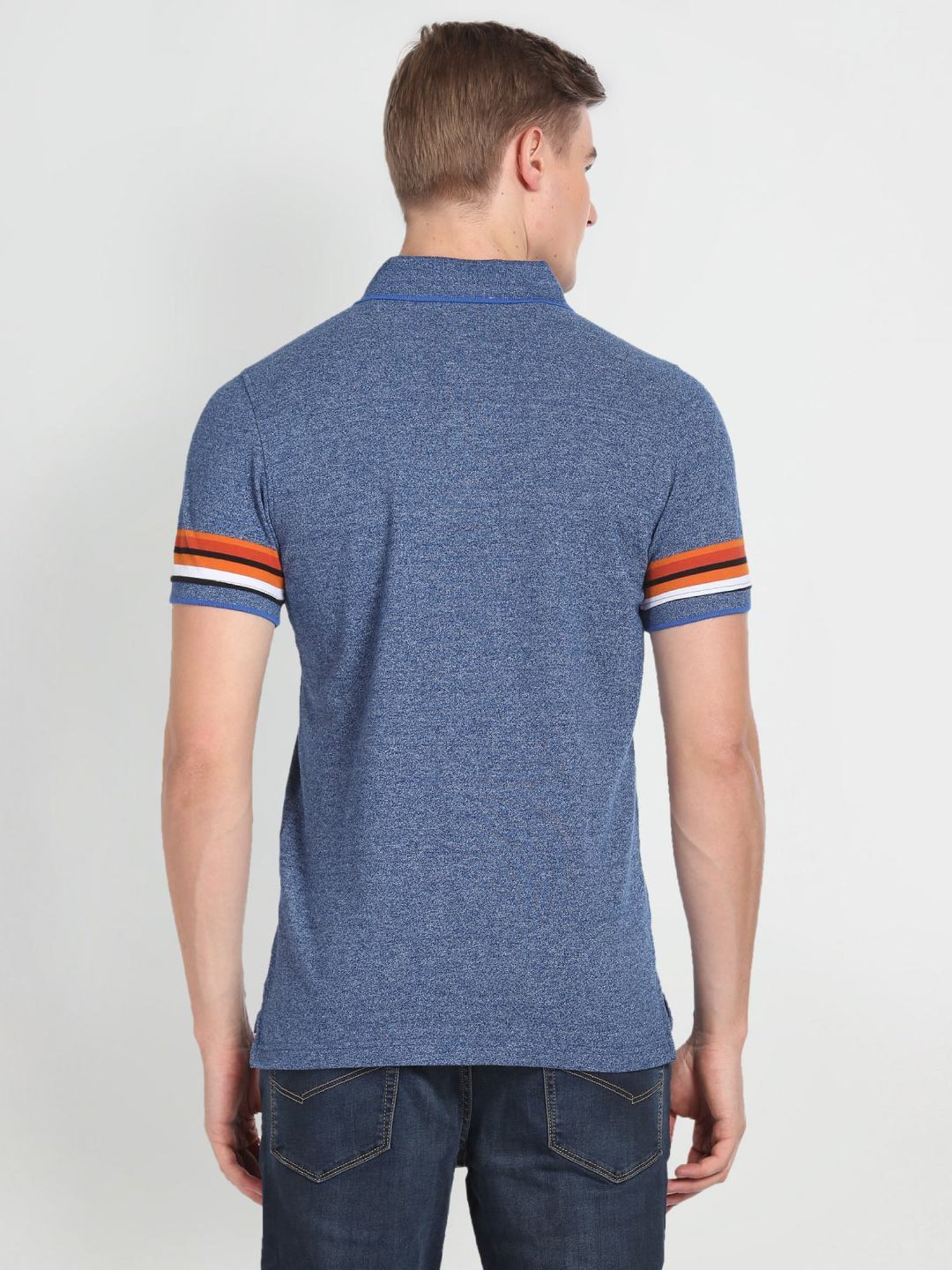 Arrow Sport Blue Cotton Regular Fit Striped Polo T-Shirt