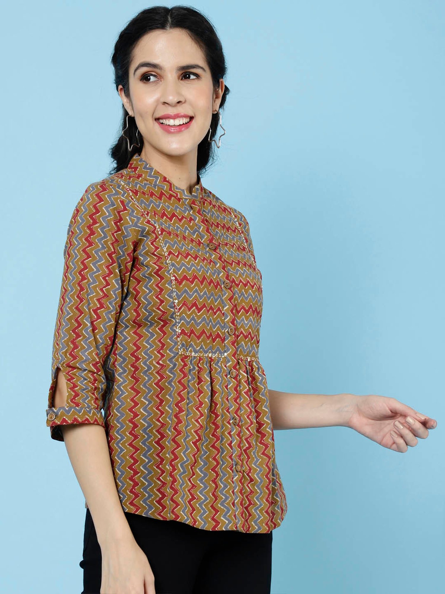Jaipur Kurti Brown Printed Top