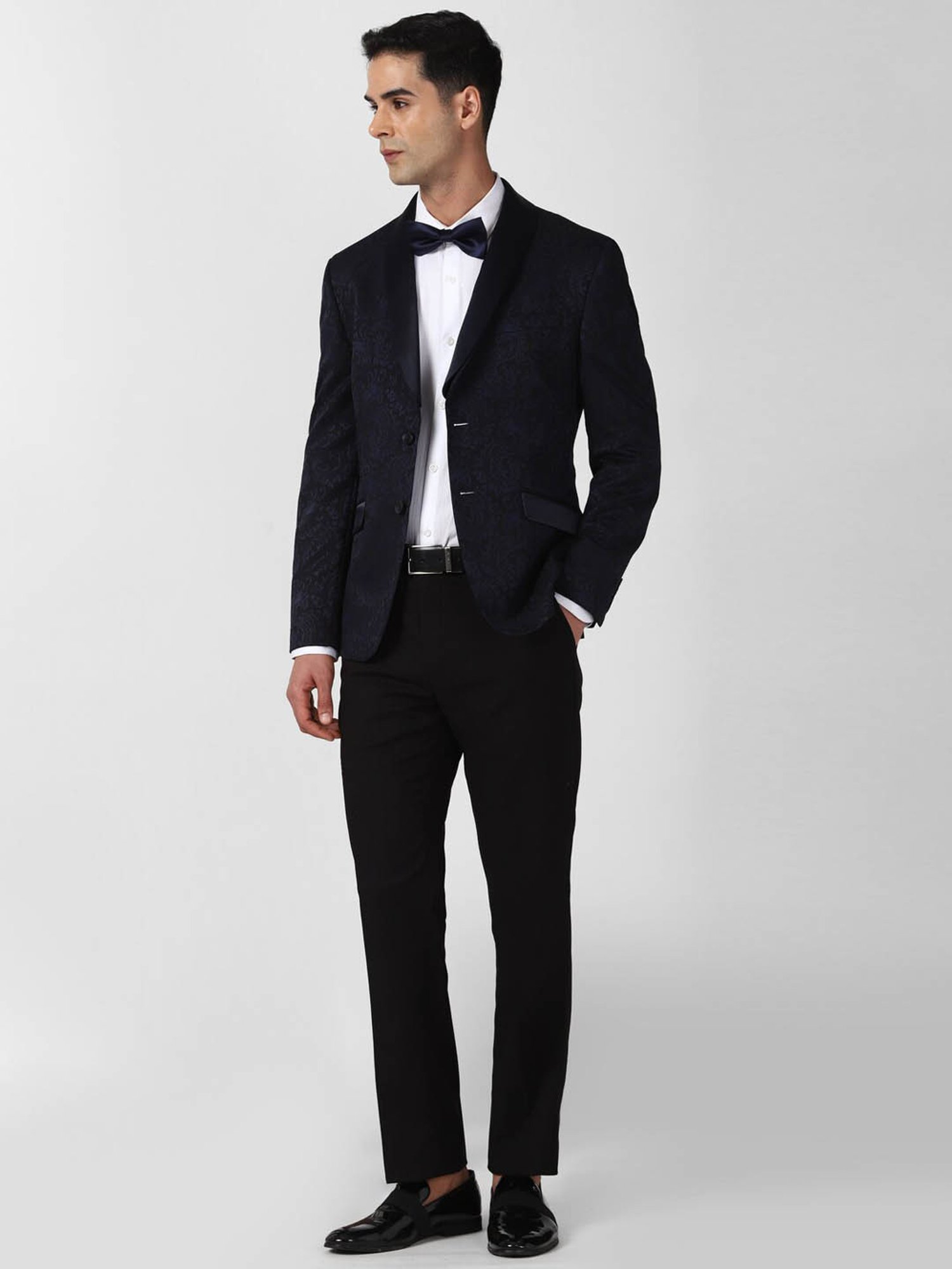 V Dot Navy Blue Skinny Fit Printed Blazer