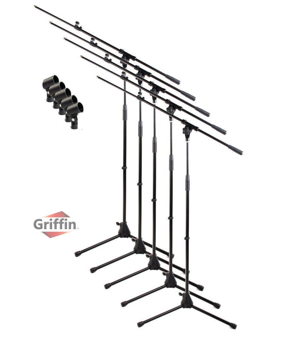 Microphone Boom Stand with Telescopic Arm (Pack of 5) by GRIFFIN | Adjustable Holder Mount For Studio Recording Accessories, Singing Vocal Karaoke, Live Stage DJ | Mic Clip Adapter Tripod Folding Legs