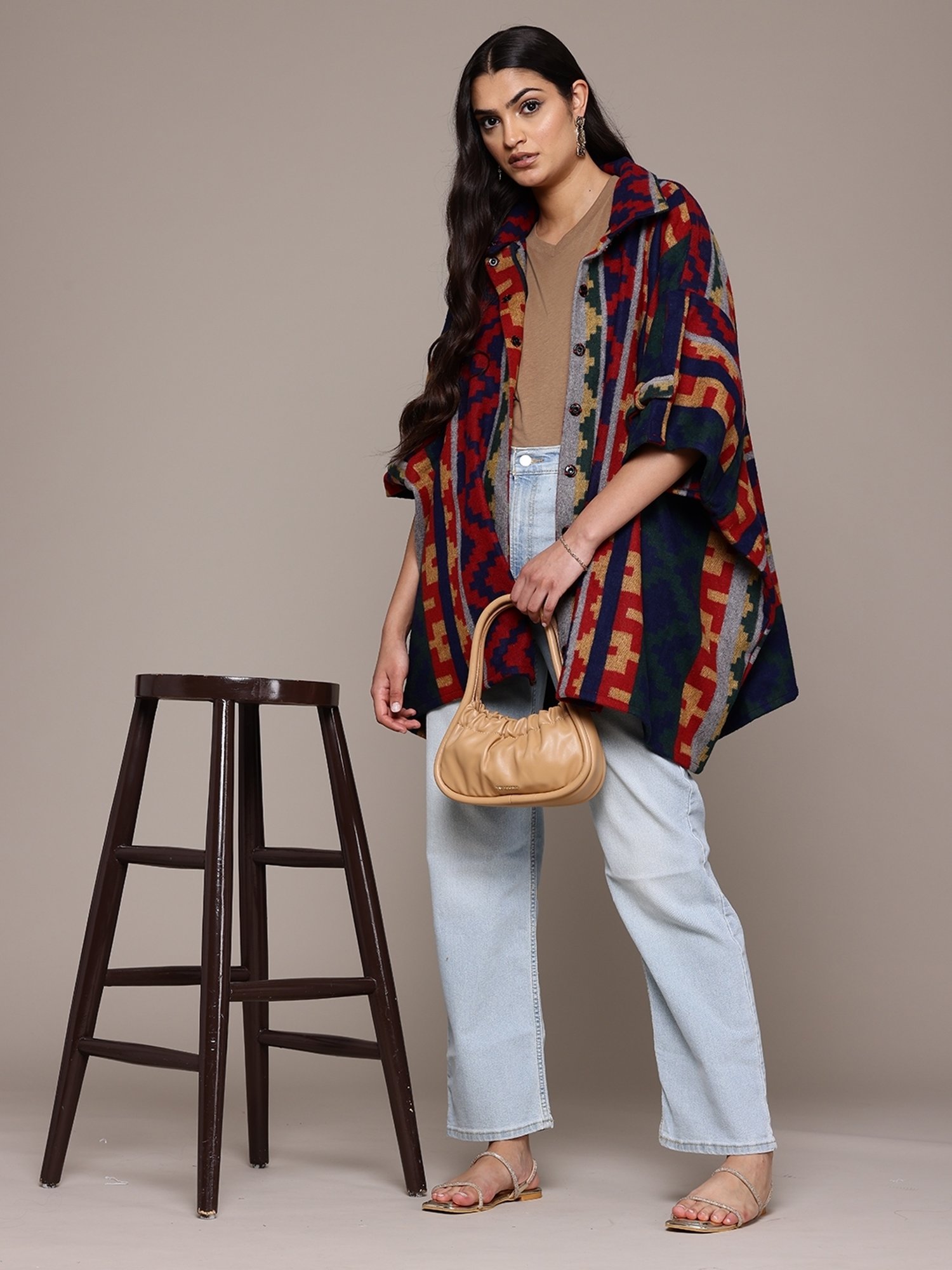 aarke Ritu Kumar Blue Multi Poly Blend Abstract Shrug