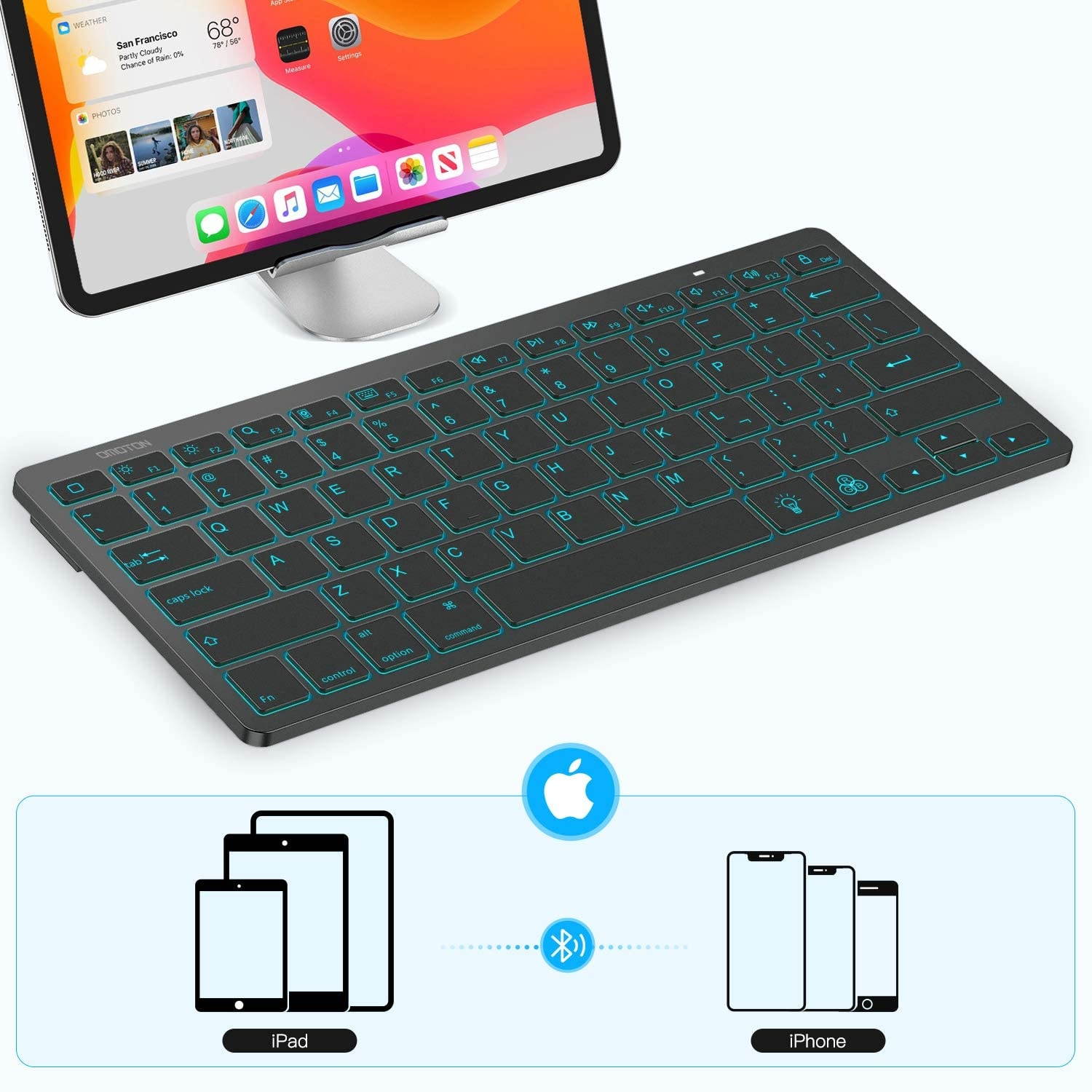 Bluetooth Keyboard for iPad, OMOTON Wireless Keyboard (7-Color Backlit & Rechargeable & Portable) for iPad/iPad Air/iPad Pro/iPad Mini, Black