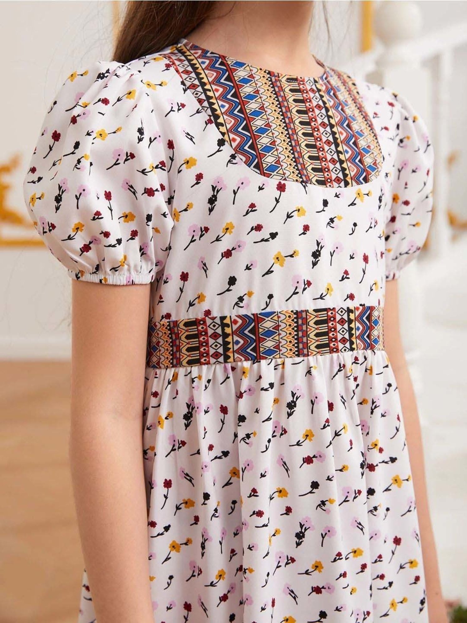 Bolly Lounge Girls White & Brown Floral Dress