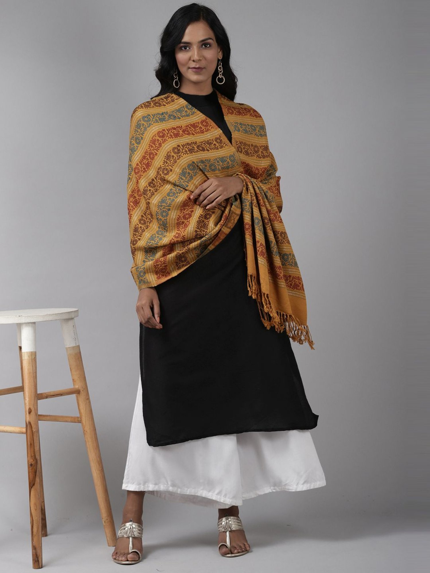 Indo Era Yellow Woven Pattern Shawl
