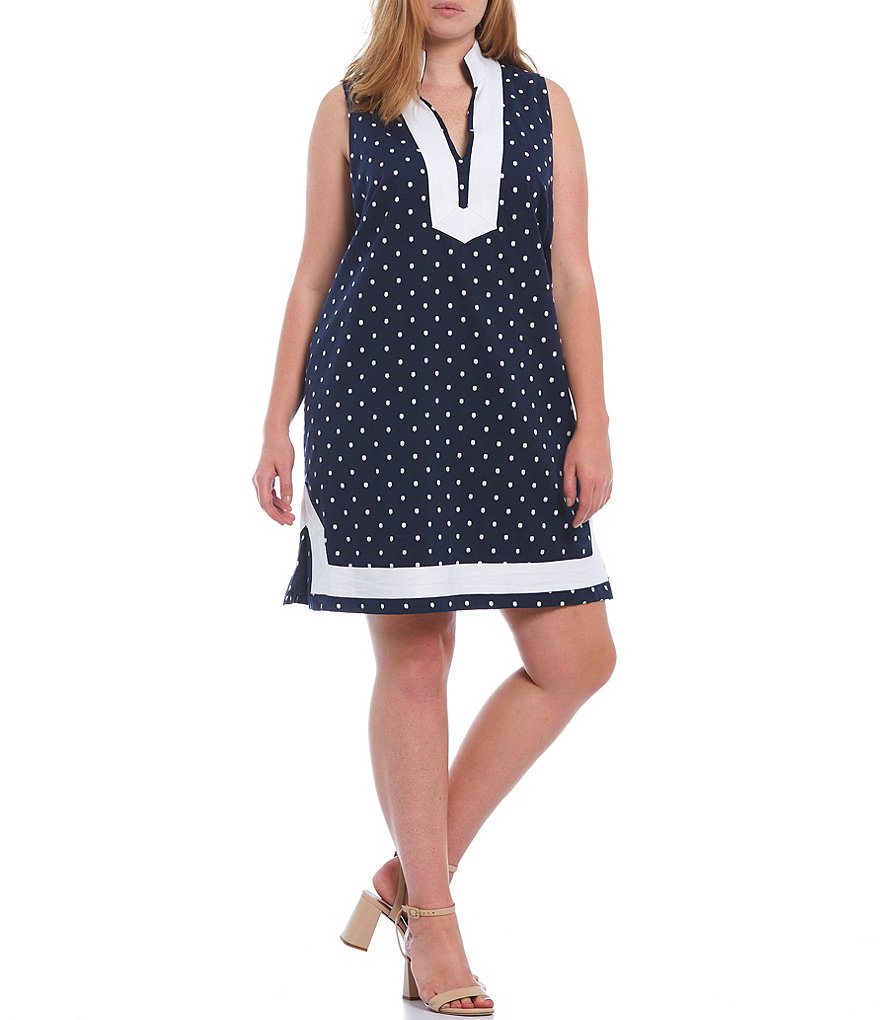 Eliza J Plus Size Mandarin Collar Polka Dot Sleeveless Shift Dress