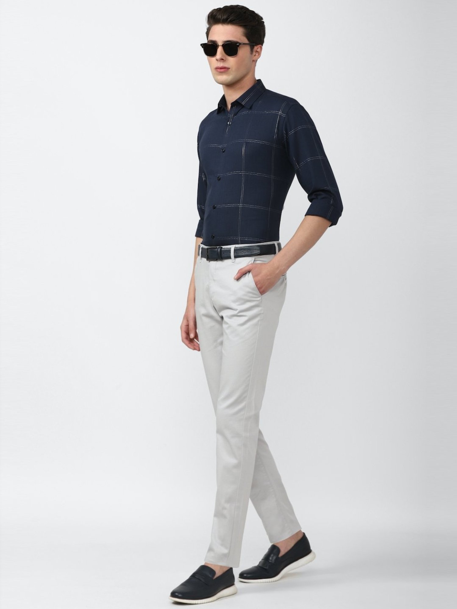 V Dot Navy Cotton Slim Fit Checks Shirt