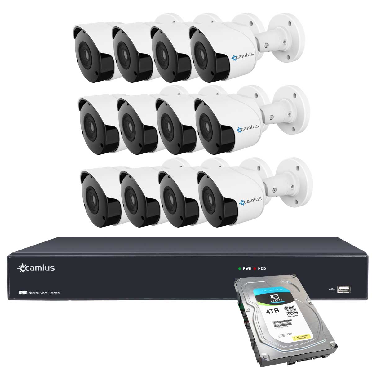Camius 4K 16 Channel NVR system with 3TB HDD, 12 x 5MP 1944p IP PoE Audio Video Outdoor Cameras, Night Vision, 3.6mm, PC, Mac, Phone app view, Motion, Sound Detection 16PN12B3T