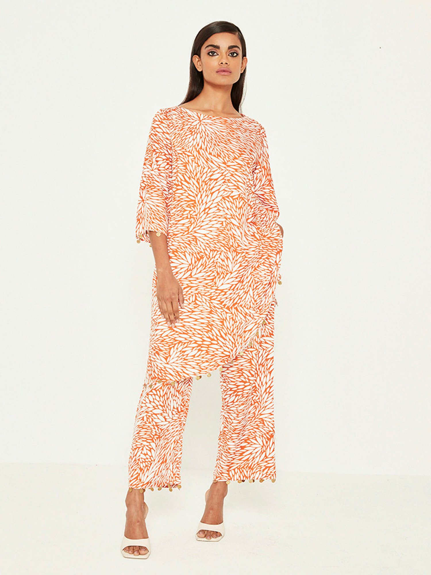 ANCESTRY Orange Printed High Low Kurta