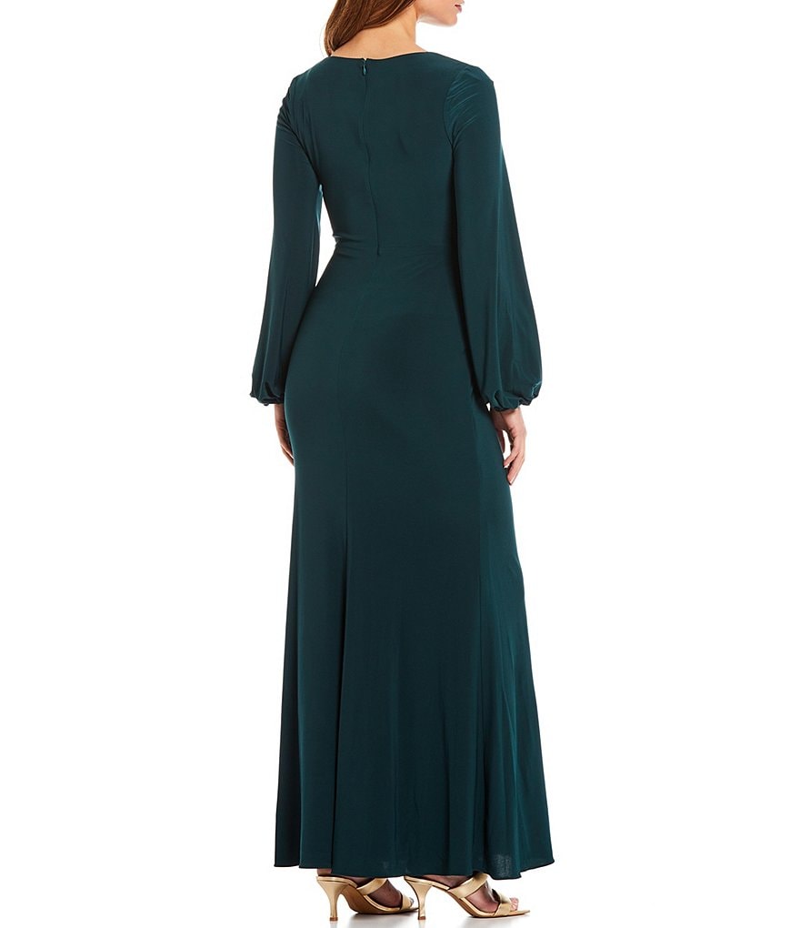 Betsy & Adam Deep V-Neck Long Sleeve Drape Front Knot Detail Jersey Gown