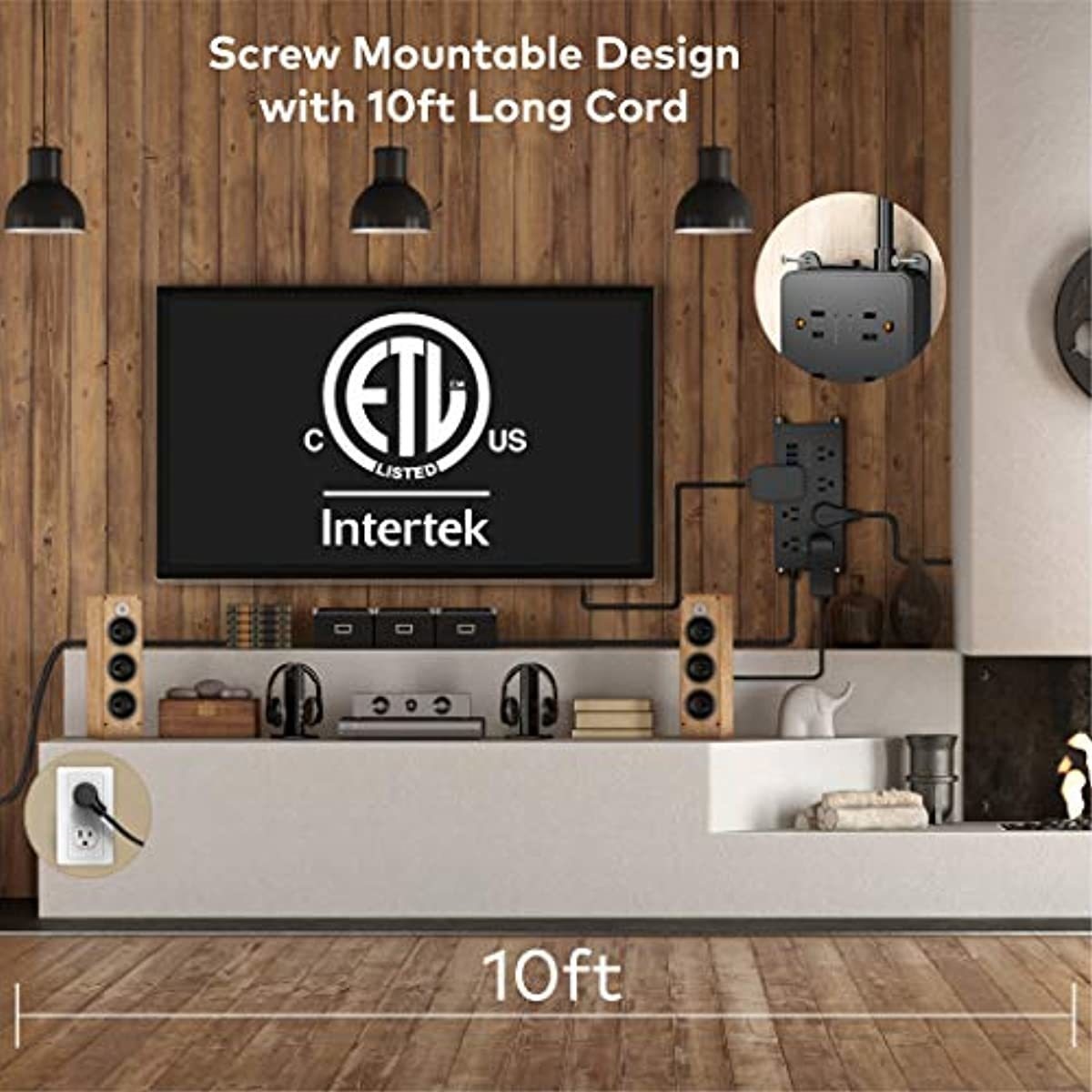 Power Strip Surge Protector with USB, ETL Listed, TROND Flat Plug Extension Cord Long 10ft, Wall Mountable, 7 Widely-Spaced Outlets & 3 USB Ports, 1700 Joules, Black