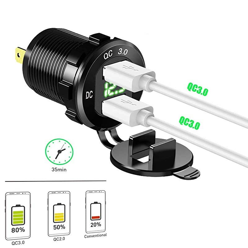 Charge 30 Dual USB Car Charger Socket 12V24V 36W QC30 Dual USB Fast Charger Aluminum Socket Power Outlet with LED Voltmeter for Marine Boat Motorcycle Truck Golf Cart