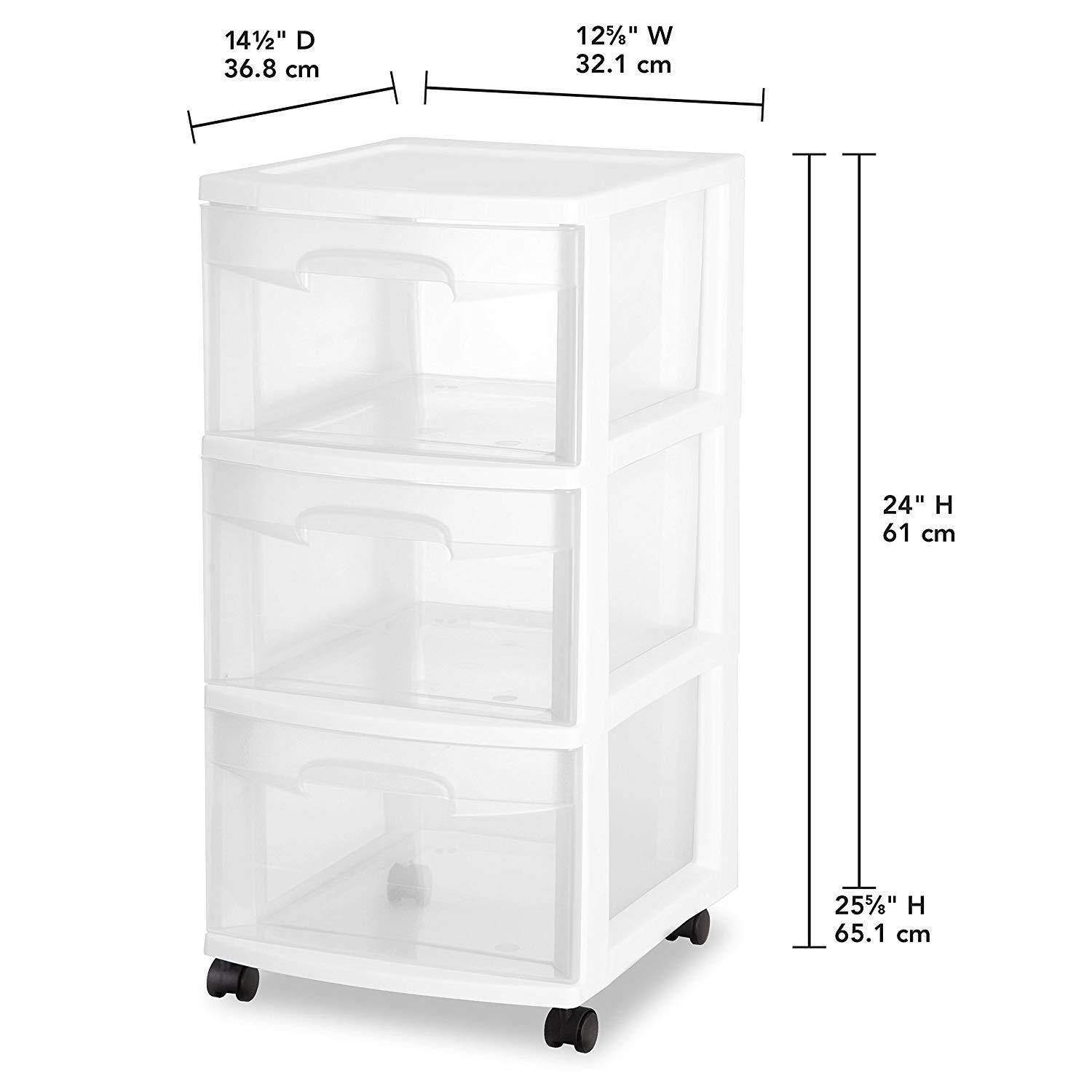 STERILITE 3 Drawer Cart, White Frame with Clear Drawers and Black Casters, (2-Pack)