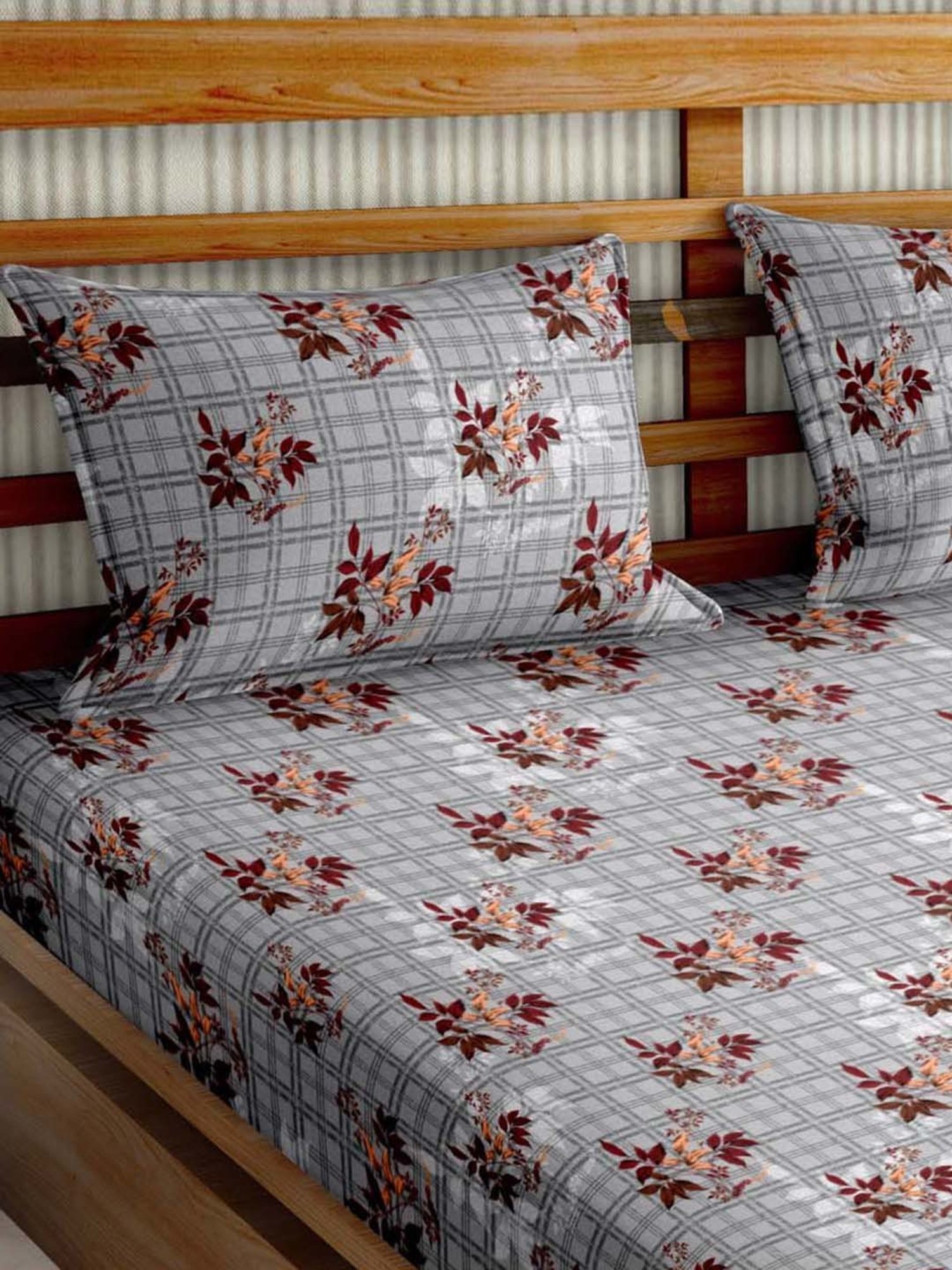 Bella Casa Stella Collection Grey Cotton 180 TC King Size Bedsheet with 2 Pillow Covers