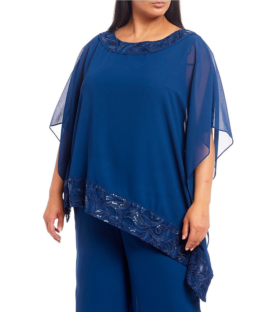 Le Bos Plus Size Round Neck 3/4 Sleeve Embroidered Trim Two-Piece Georgette Pant Set