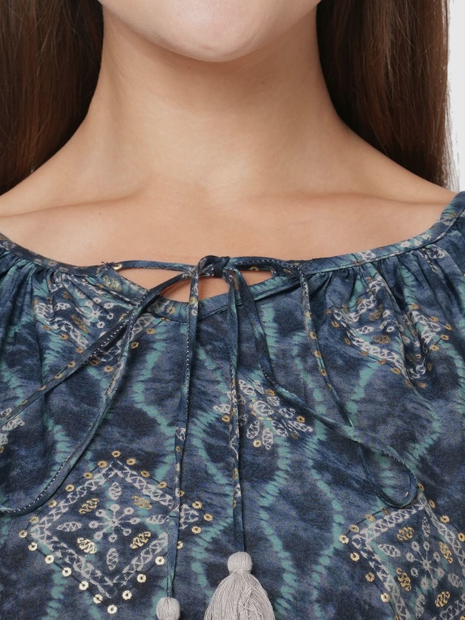 Fusion Beats Blue Printed A Line Kurta