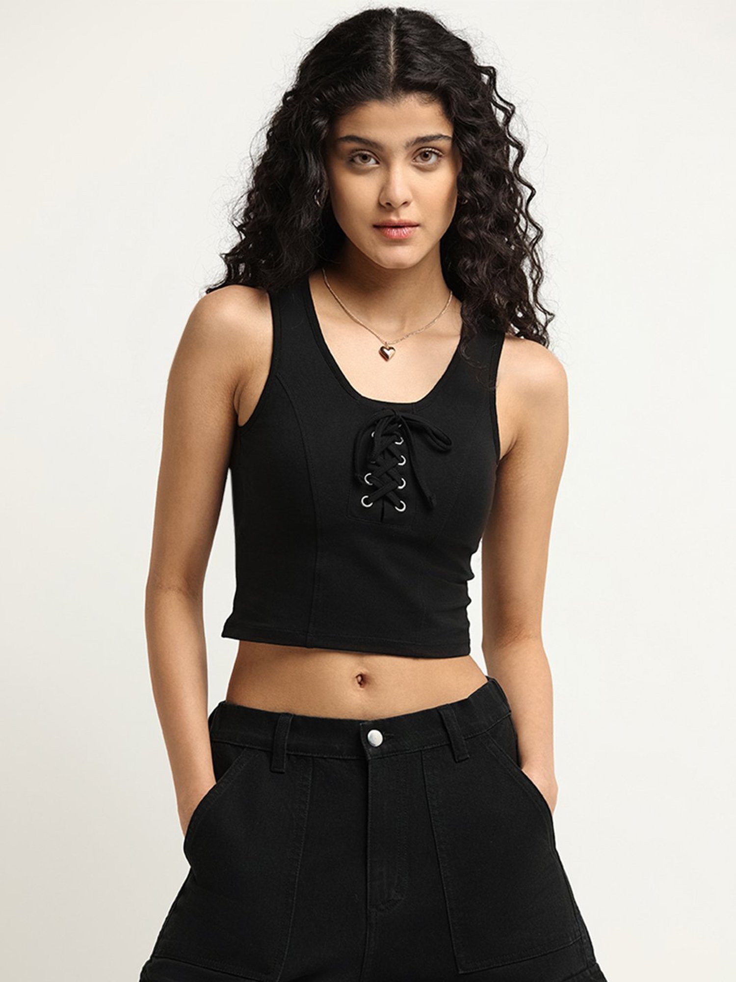 Nuon by Westside Black Lace-Up Crop Top