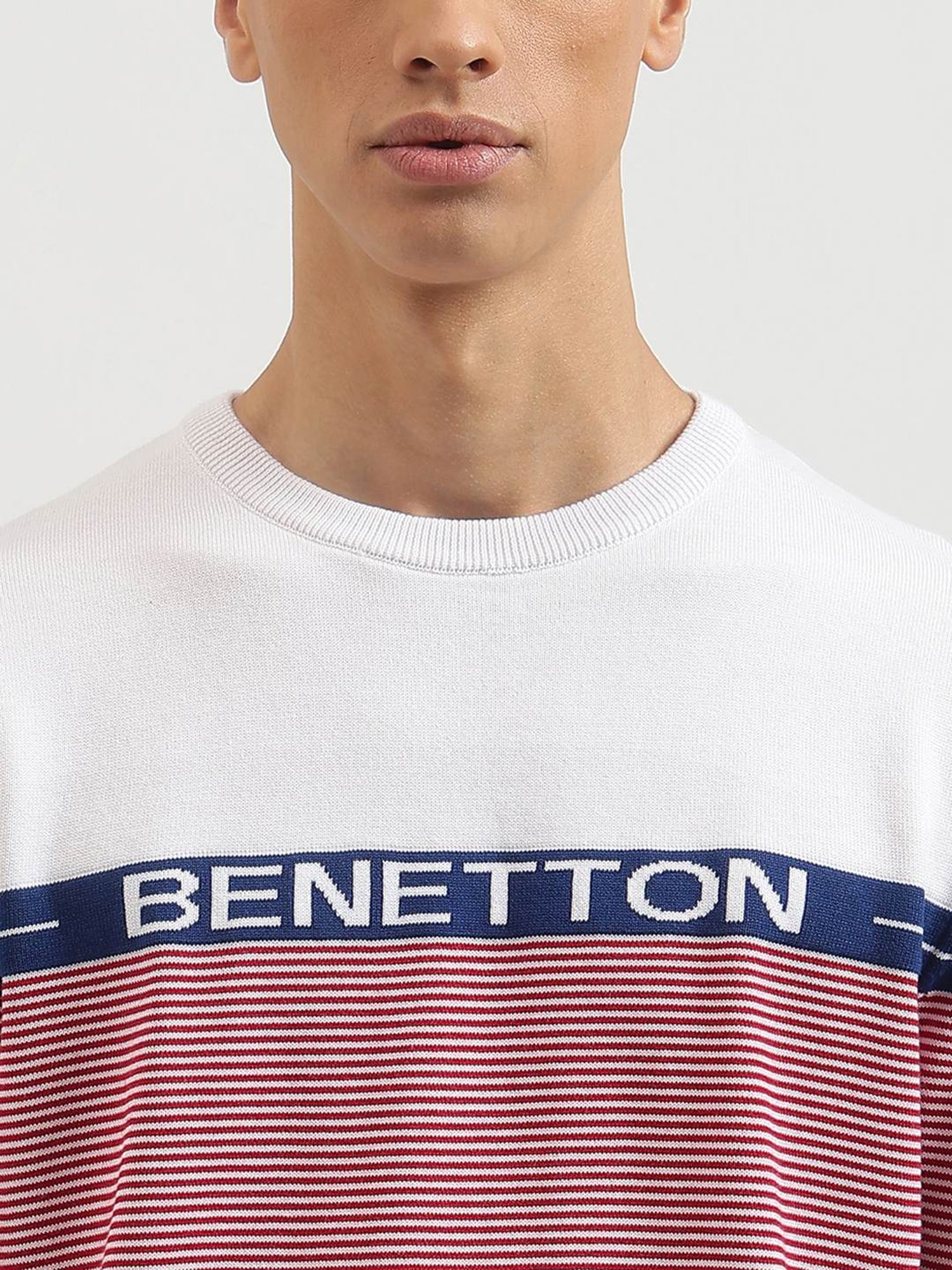 United Colors Of Benetton White Regular Fit Striped Sweater